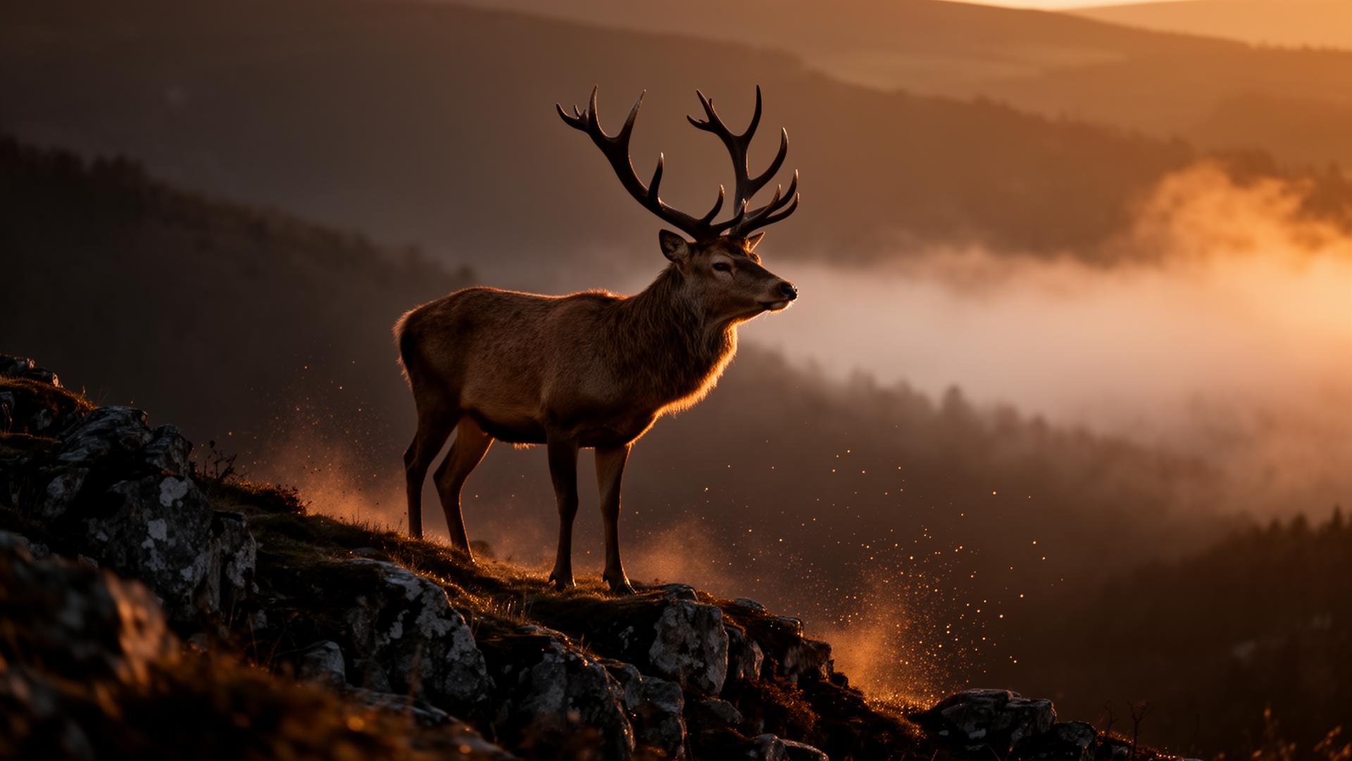 A stag at dawn on a rocky ridge